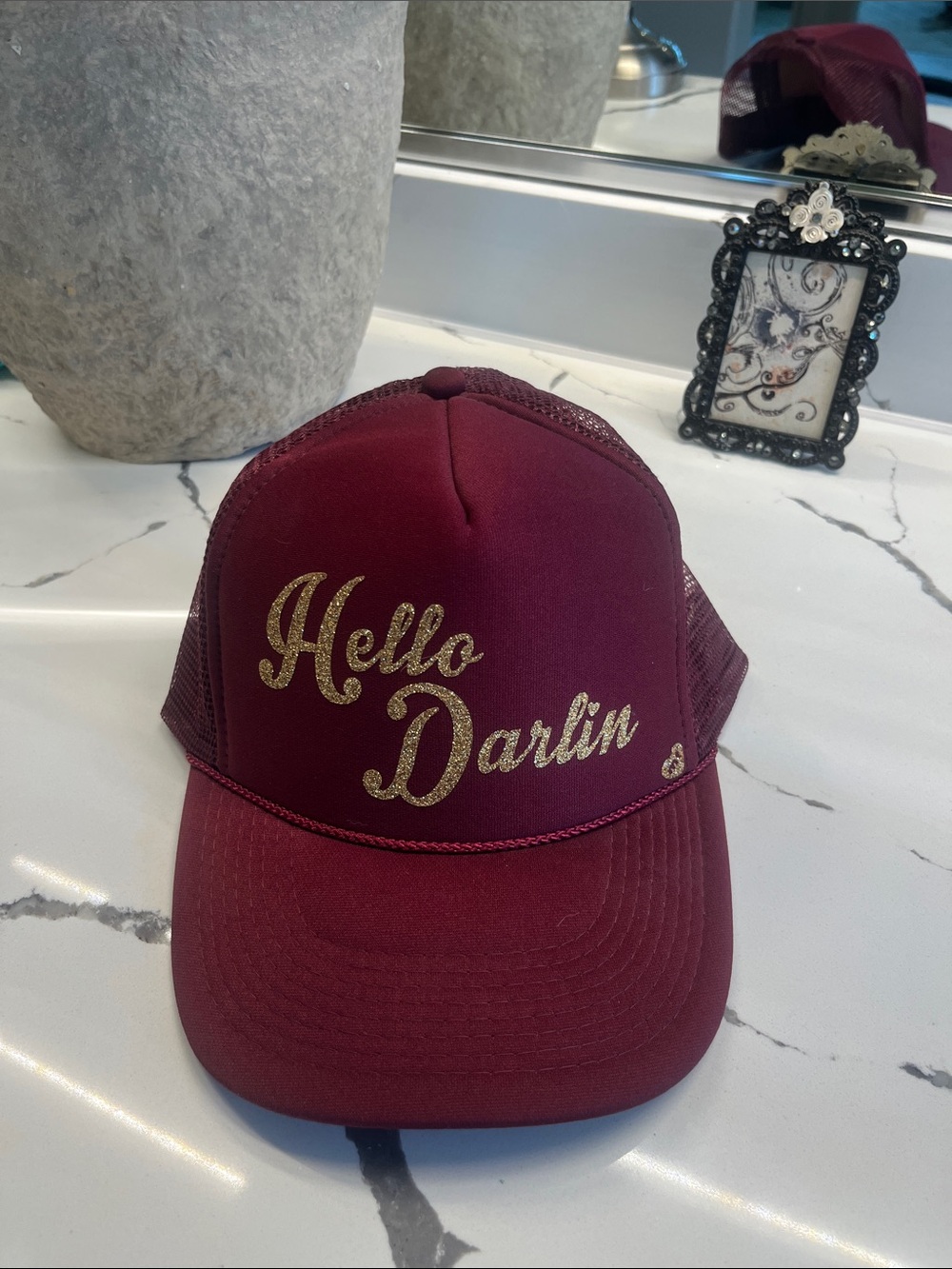 OTTO Burgundy Trucker Hat with Gold Script "Hello Darlin'"